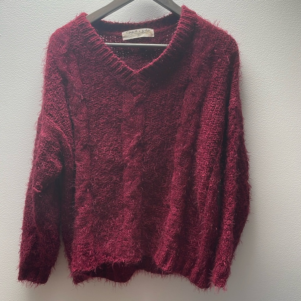 Emma & Sam Burgundy Fuzzy Cable Knit Sweater - Size S